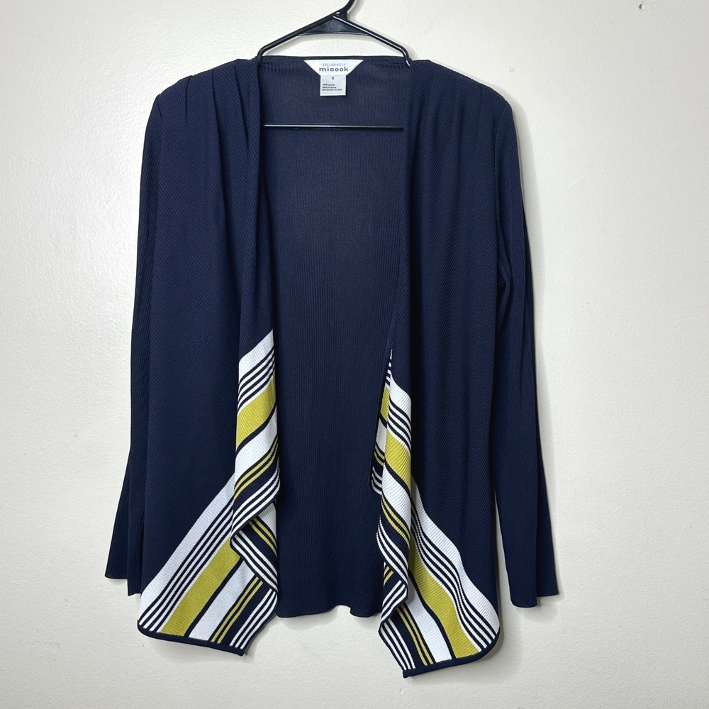Misook Cardigan Open Front Ribbed Knit Navy Yellow White Striped size Small